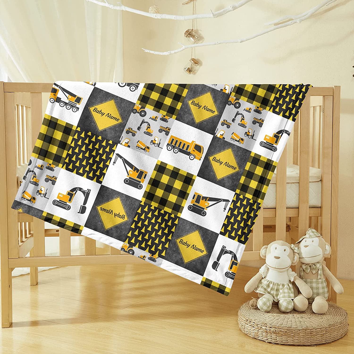 USA MADE Personalized Excavators Trucks Construction Equipment, Minky Blankets for Boys Girls Kids, Plaid Baby Blanket