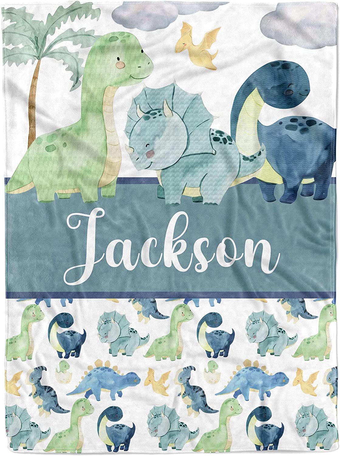 Dinosaur Personalized Baby Blankets - Custom Baby Blanket with Name for Boys - Soft Plush Fleece