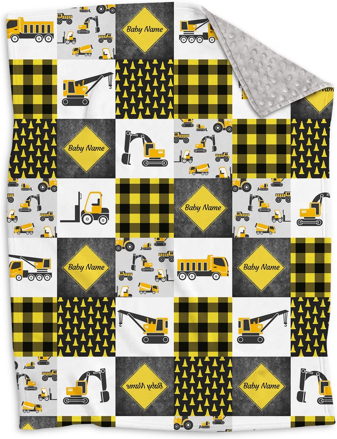 USA MADE Personalized Excavators Trucks Construction Equipment, Minky Blankets for Boys Girls Kids, Plaid Baby Blanket