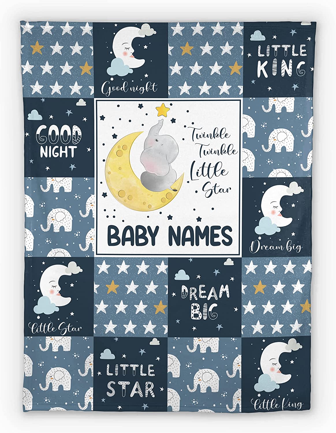 Personalized Baby Boy Blankets, Customize Blanket with Names - Soft Flush Fleece for Newborn Blue Little Star Elephant