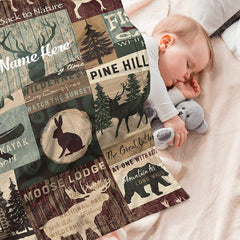 Personalized Camo Moose Deer and Bear, Rabbit, Wolf Woodland Theme Minky Dot Baby Blanket for Boy Kids Girl