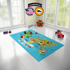 Custom Animal World Themed Rug, Animal Maps Baby Play Mat, Personalized Baby Nursery Initial Rug, Custom Name Animal World Maps Carpet Playtime