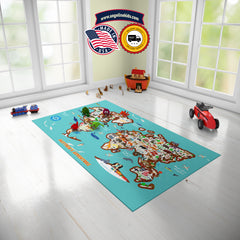 Custom Animal World Themed Rug, Animal Maps Baby Play Mat, Personalized Baby Nursery Initial Rug, Custom Name Animal World Maps Carpet Playtime
