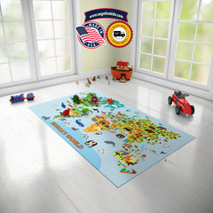 Custom Colorful Wildlife Maps Themed Rug, Animal Maps Baby Play Mat, Personalized Baby Nursery Initial Rug, Custom Name Animal World Maps Carpet Playtime