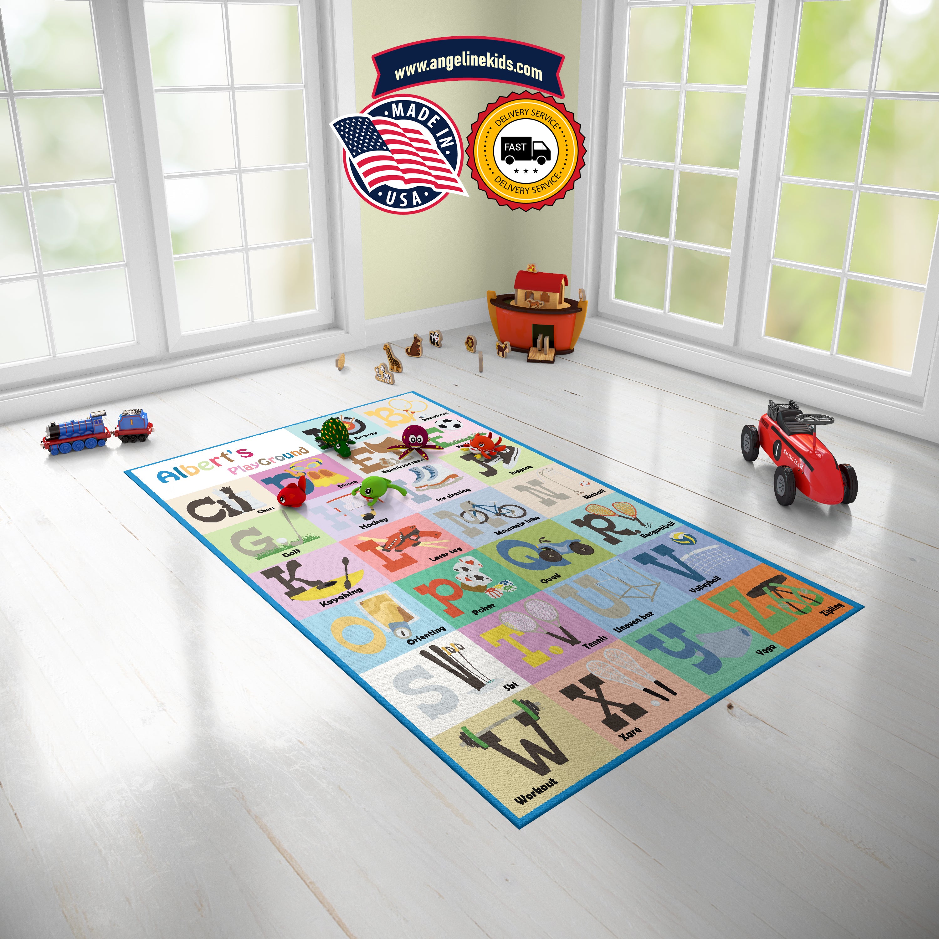 Custom Sport Themed Alphabet Rug, Educational ABC Baby Play Mat, Personalized Baby Nursery Initial Rug, Custom Name ABC Animal Educational Carpet Playtime