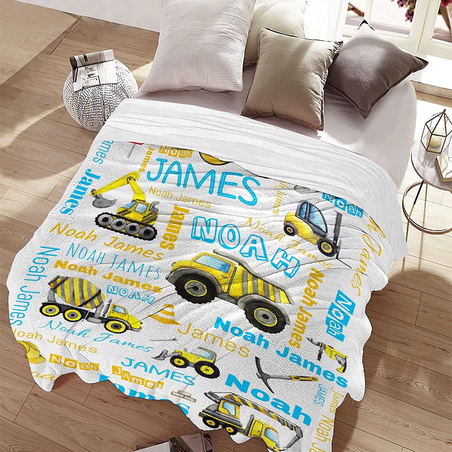 USA MADE Personalized Toddlers Blanket, Lightweight Construction Truck Kid Custom Throws Blankets, Birthday for Newborn Baby