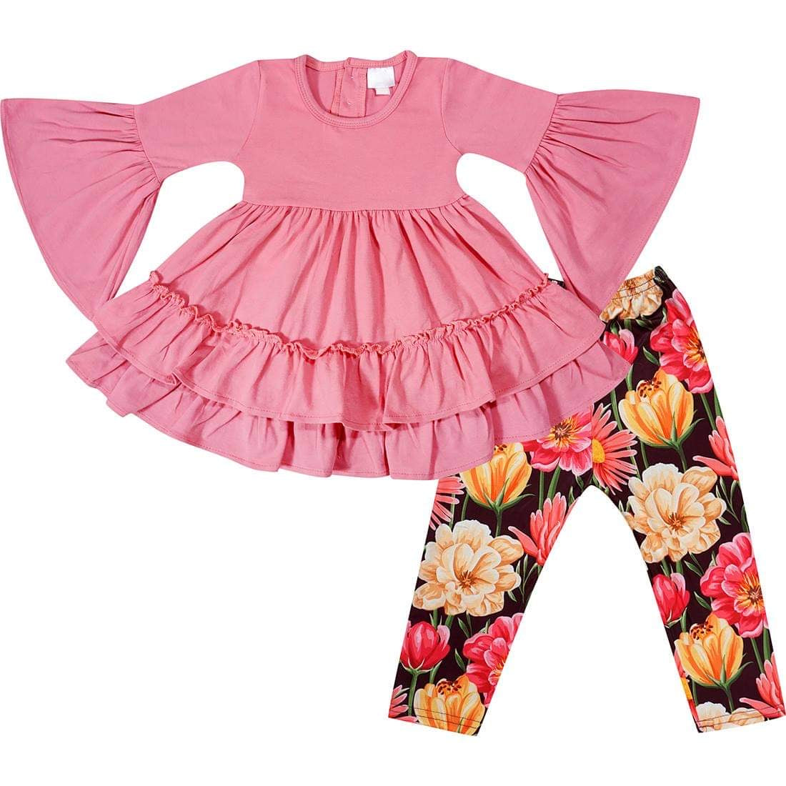 Baby Girls Fall Colors Vintage Floral Halloween Thanksgiving Tunic Top & Leggings Scarf Set - Brown/ Rose - Angeline Kids
