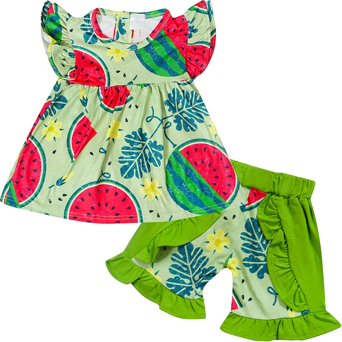 Girls Summer Fruits Tutti Frutti Ruffle Top & Shorts Set - Green - Angeline Kids