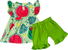 Girls Summer Fruits Tutti Frutti Ruffle Top & Shorts Set - Green - Angeline Kids