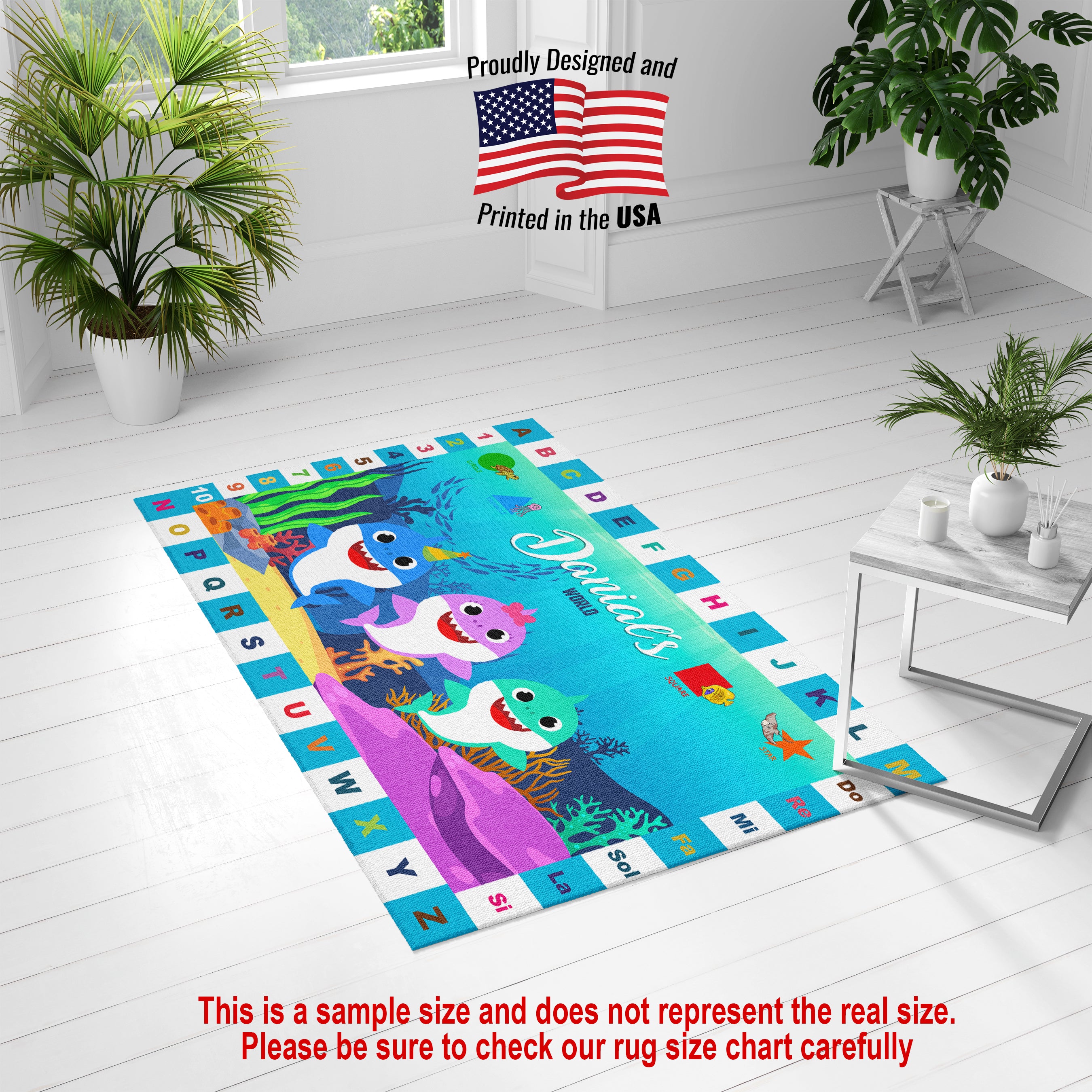 Custom Baby Shark Rug Carpet, Shark Under The Sea Theme Kids Play Mat, Personalized Baby Nursery Initial Rug, Custom Shark With Ocean Animal Carpet Playtime