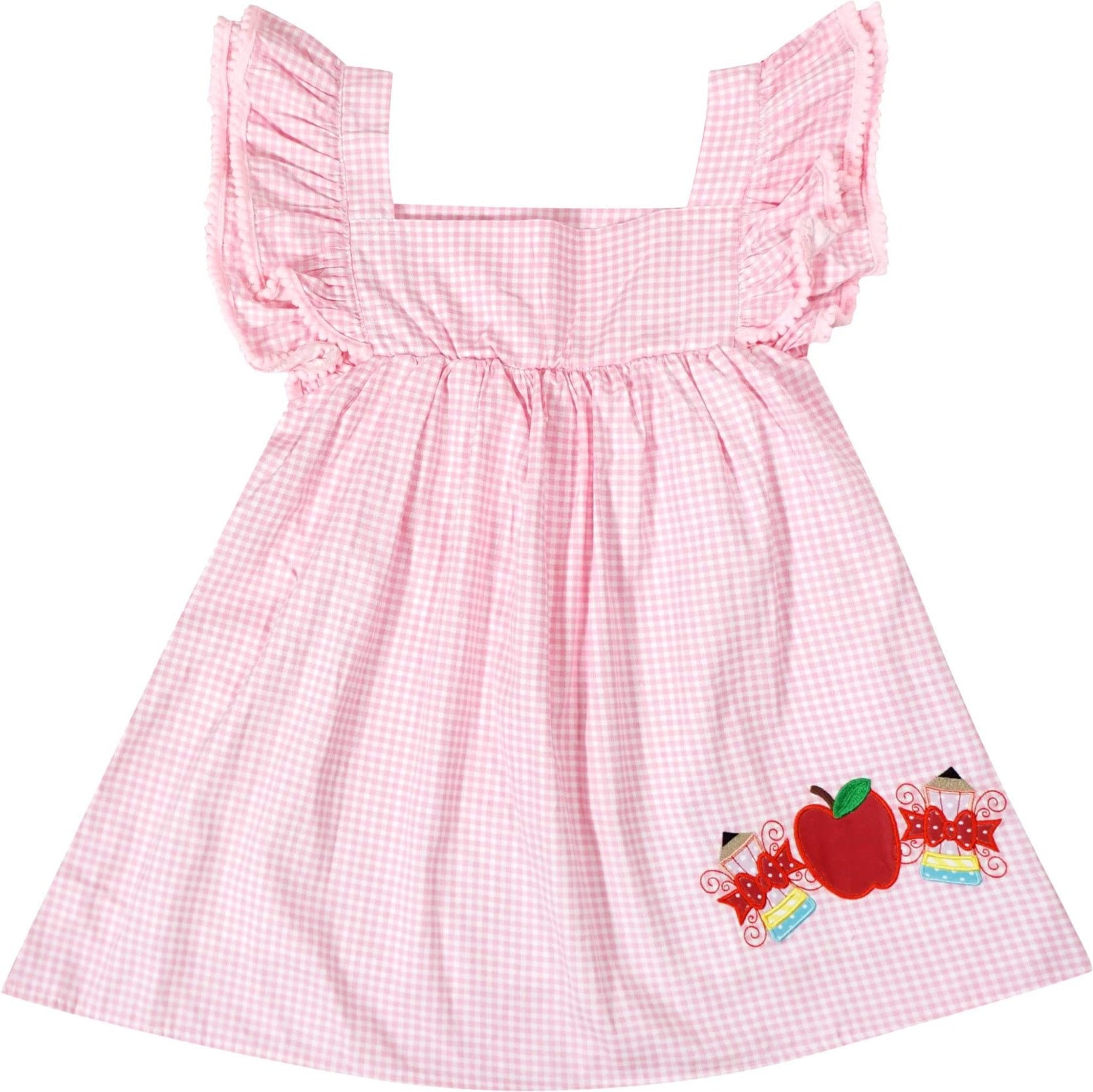 Toddler Little Girls Back To School Apple Pencil Pink Gingham Dress - Angeline Kids