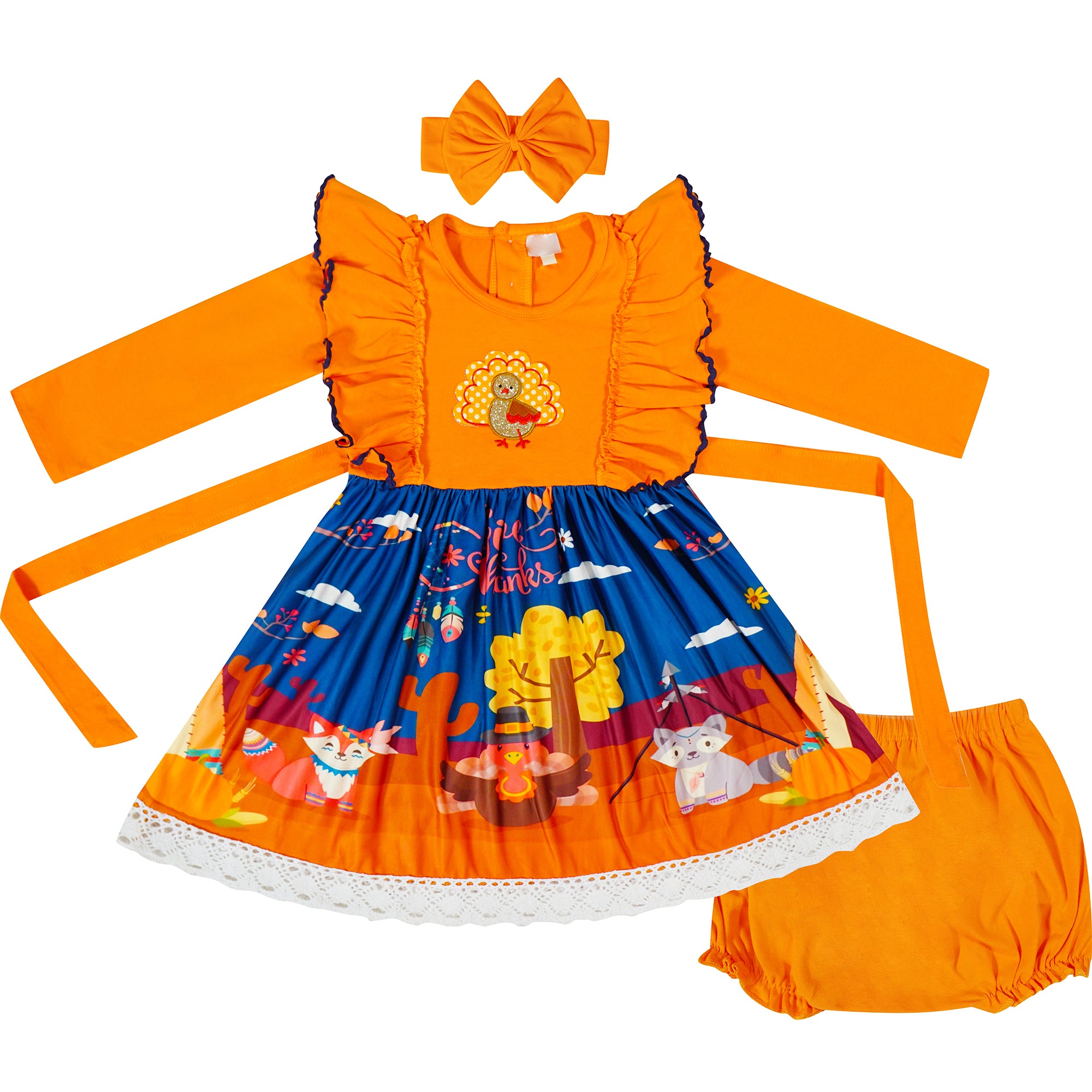 Baby Toddler Little Girls Thanksgiving Turkey Tie Back Dress With Headband ( Free Bloomers for baby sizes ) - Angeline Kids