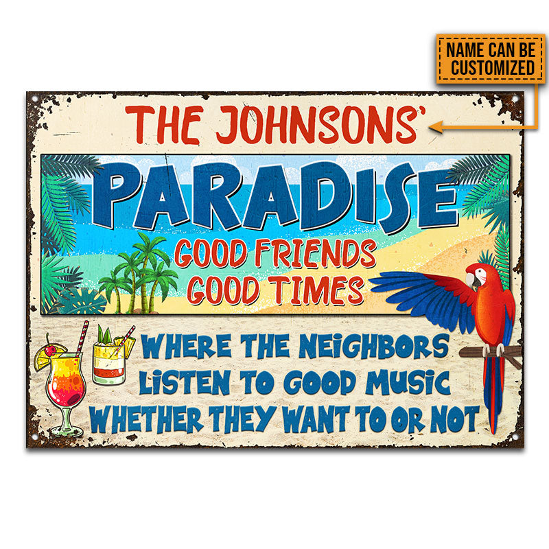USA MADE Customized Beach Parrot Paradise Good Music, Beach House, Outdoor Bar Decor, Custom Classic Metal Signs
