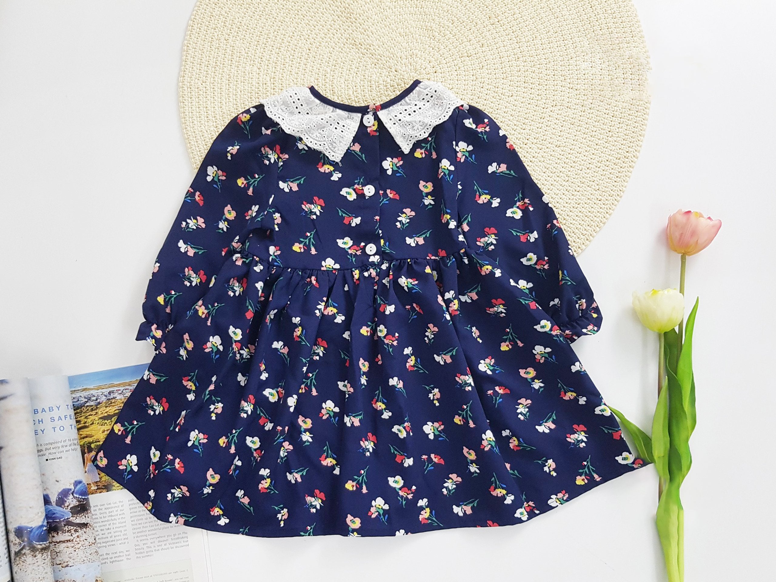 Baby Toddler Little Girls Fall Winter Navy Floral Lace Pleated Dress - Navy - Angeline Kids
