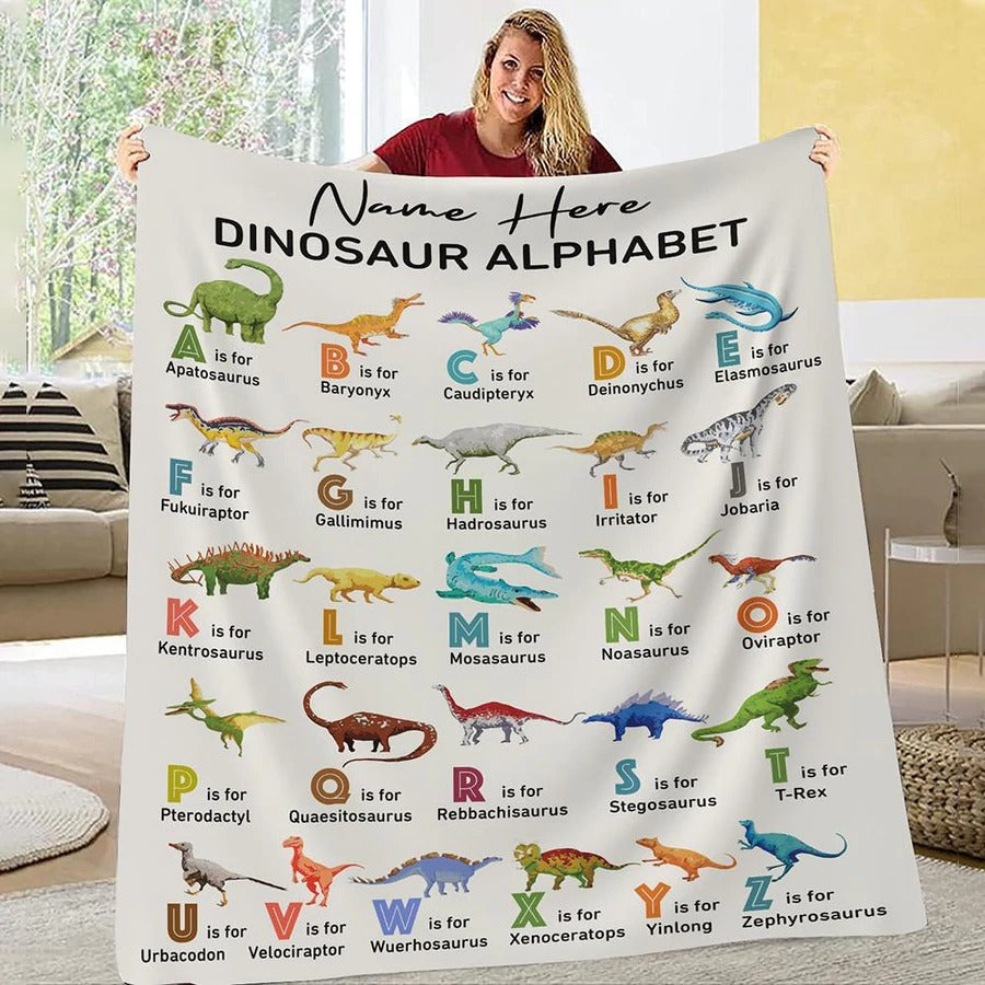 Personalized Dinosaur Alphabet Baby Blanket, Custom Name Boy and Girl Name Throw Blanket, Dinosaur Blanket