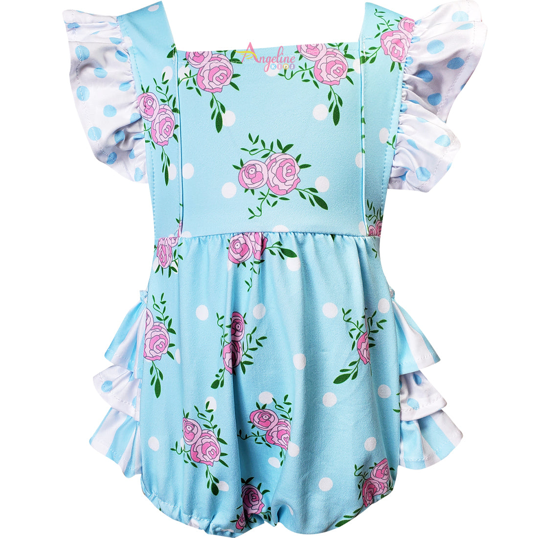 Baby Infant Toddler Girls Spring Summer Roses Garden Bubbles - Light Blue + headband - Angeline Kids
