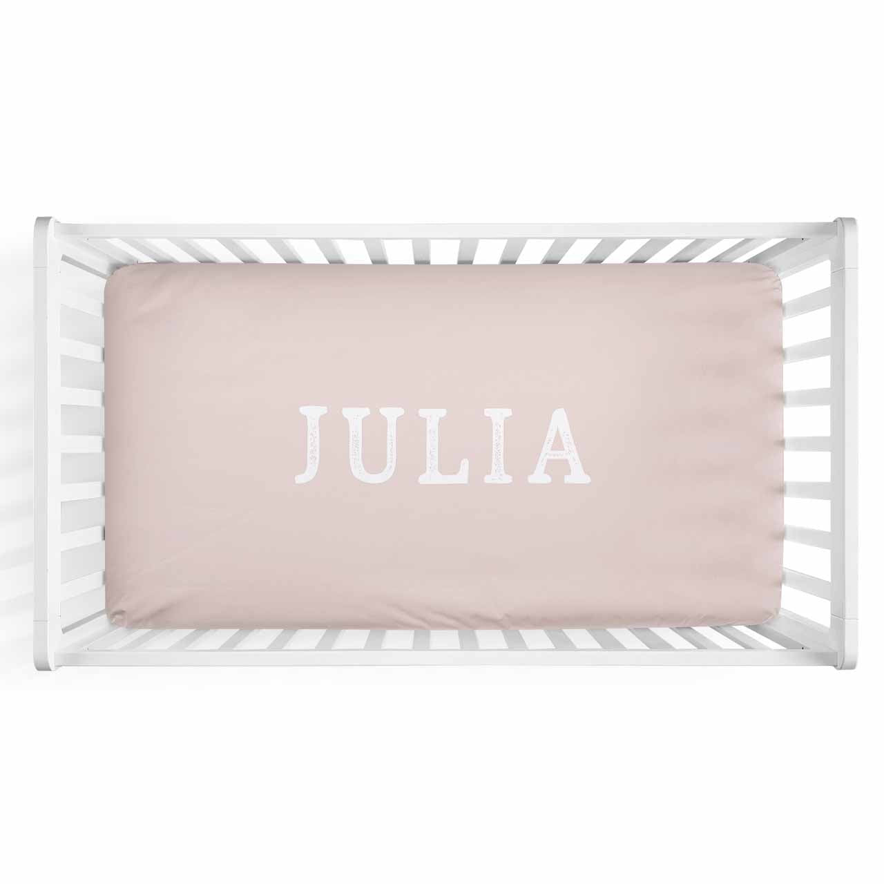 Personalized Baby Name Blush Color Jersey Knit Crib Sheet in Block Print Style