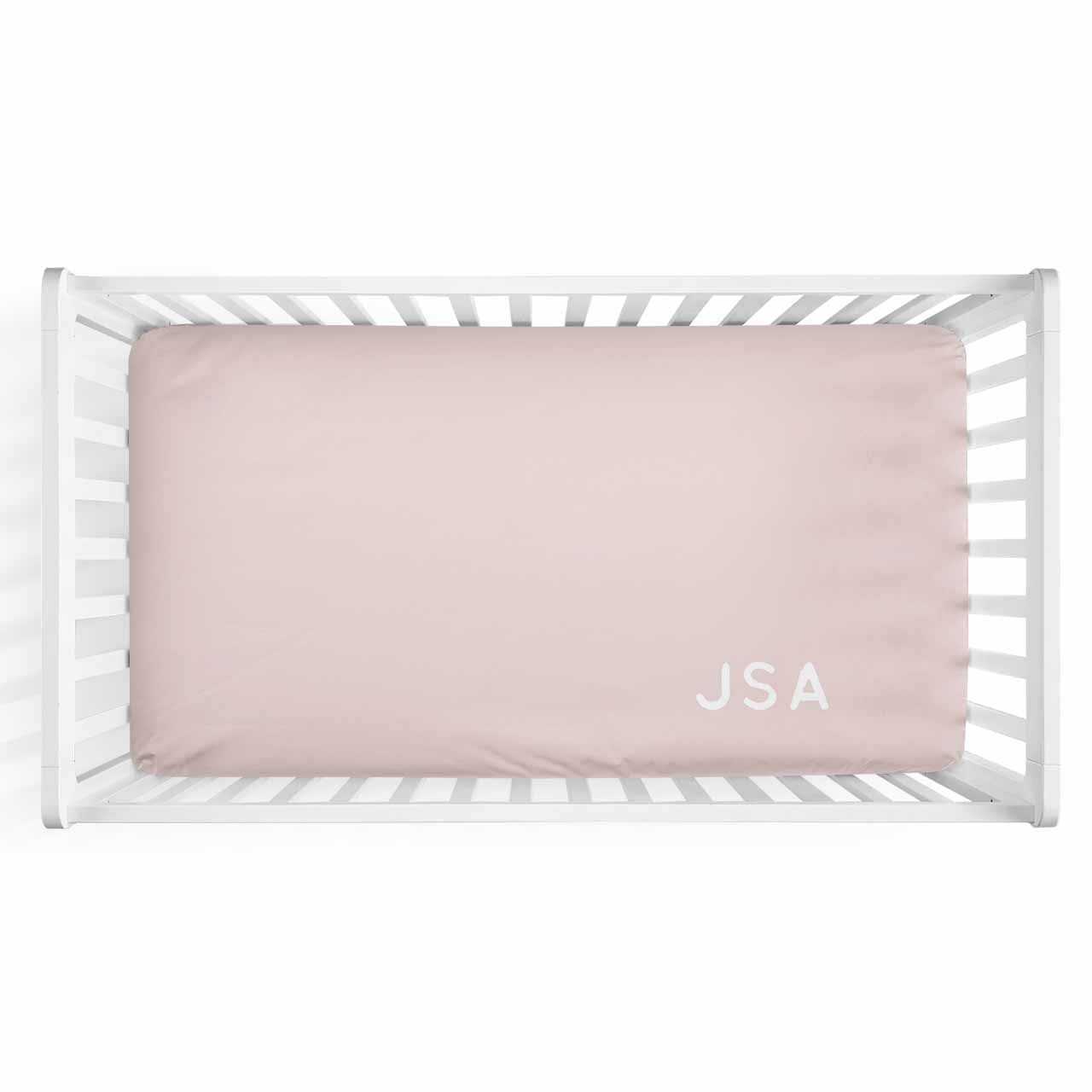 Personalized Baby Name Blush Color Jersey Knit Crib Sheet in Corner Initials Style