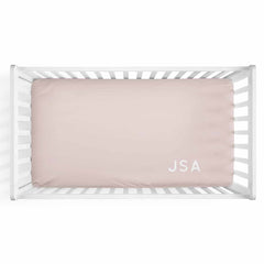 Personalized Baby Name Blush Color Jersey Knit Crib Sheet in Corner Initials Style
