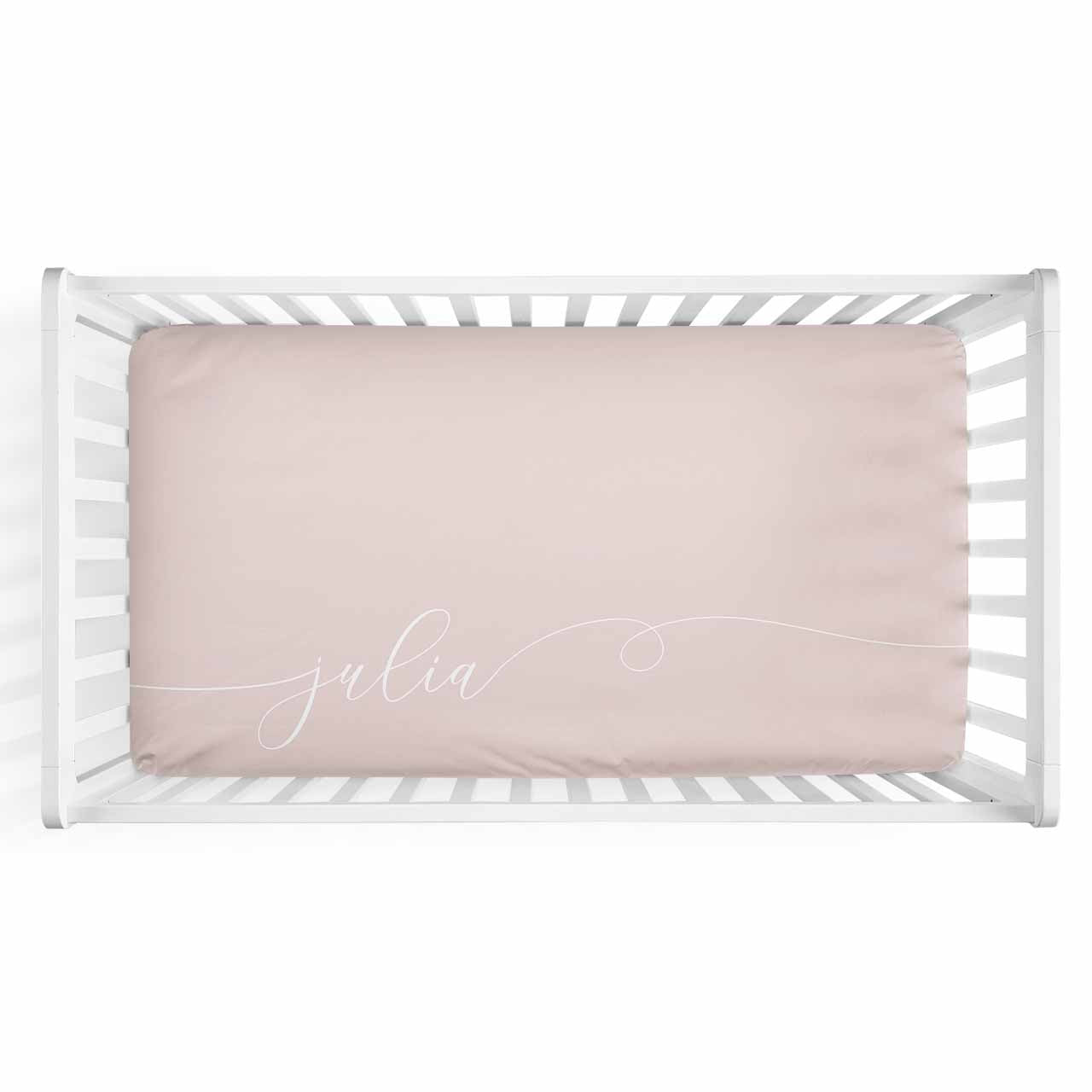 Personalized Baby Name Blush Color Jersey Knit Crib Sheet in Swash Line Script Style