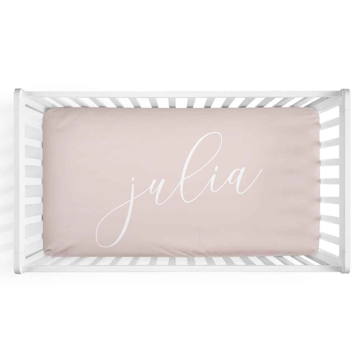 Personalized Baby Name Blush Color Jersey Knit Crib Sheet in Centered Script Style