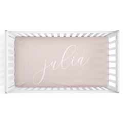 Personalized Baby Name Blush Color Jersey Knit Crib Sheet in Centered Script Style