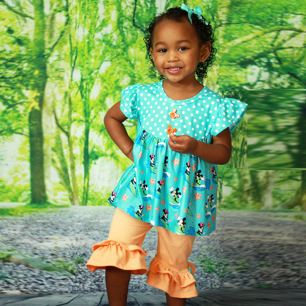 Baby Toddler Little Girls Disney Inspired Minnie Mouse Ruffles Short Set - Turquoise Orange - Angeline Kids