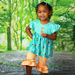 Baby Toddler Little Girls Disney Inspired Minnie Mouse Ruffles Short Set - Turquoise Orange - Angeline Kids