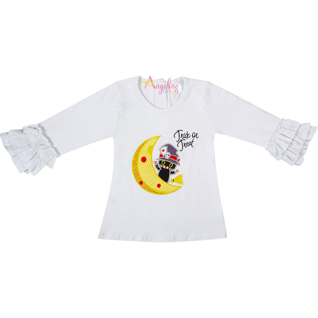 Baby Toddler Little Girls Halloween Cat On Moon Ruffle Top Pants Set - White Dots/Stripes - Angeline Kids