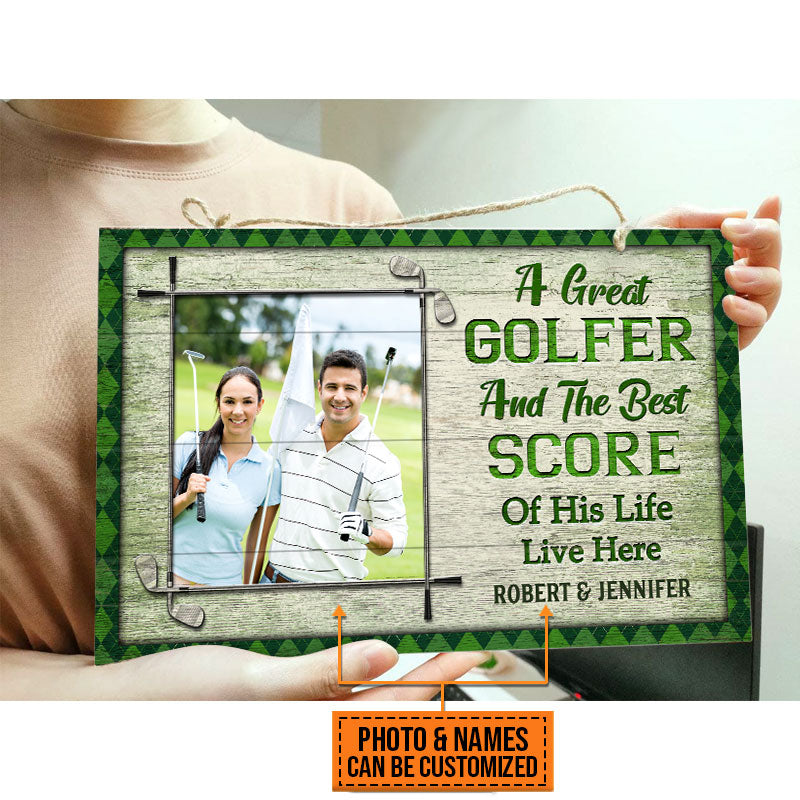 Custom Photo Gift Golf Couple Golfer Best Score Live Here Custom Wood Rectangle Sign, Personalized Couple Gift