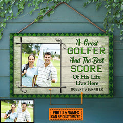 Custom Photo Gift Golf Couple Golfer Best Score Live Here Custom Wood Rectangle Sign, Personalized Couple Gift