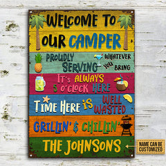 USA MADE Customized Camping Welcome To Our Camper Custom Classic Metal Sign, Metal Tin Sign, Personalized Sign Camping Decoration, Camping Gift