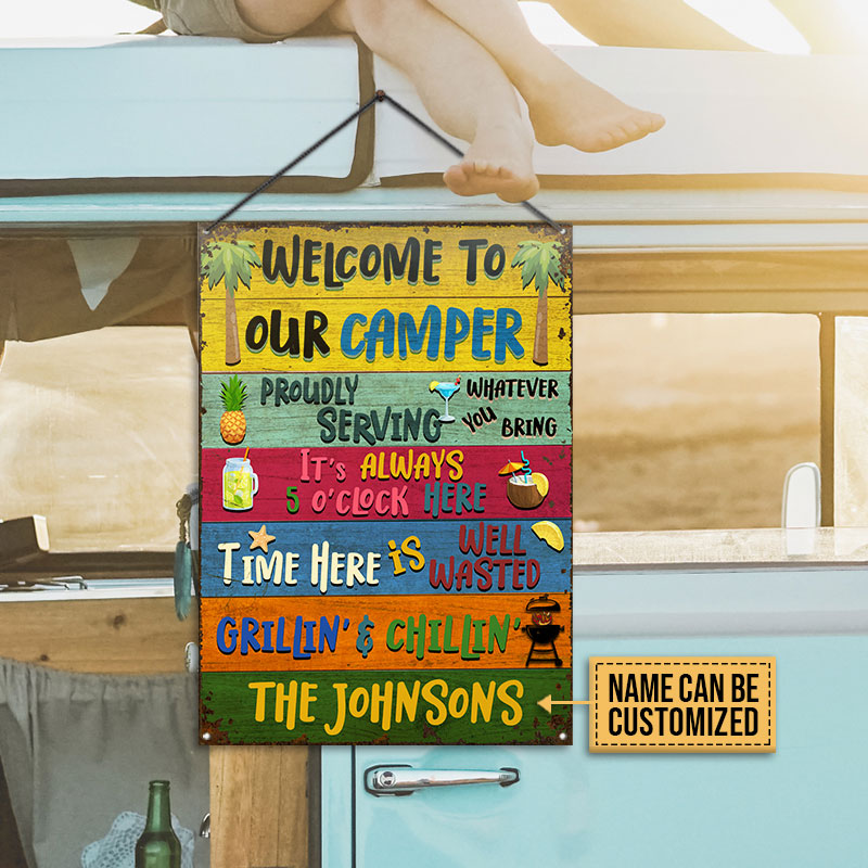 USA MADE Customized Camping Welcome To Our Camper Custom Classic Metal Sign, Metal Tin Sign, Personalized Sign Camping Decoration, Camping Gift