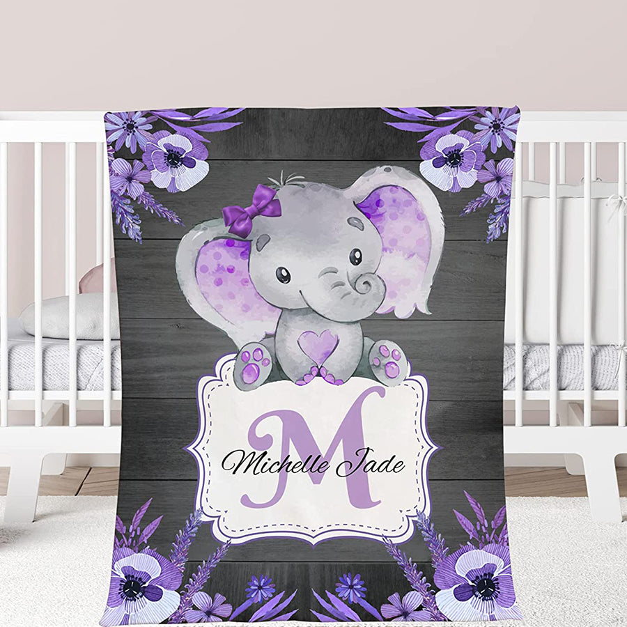 Custom Baby Blanket with Name for Baby Boy Girls，Personalized Purple Elephant Flower Design Soft Throws Blanket for Kids