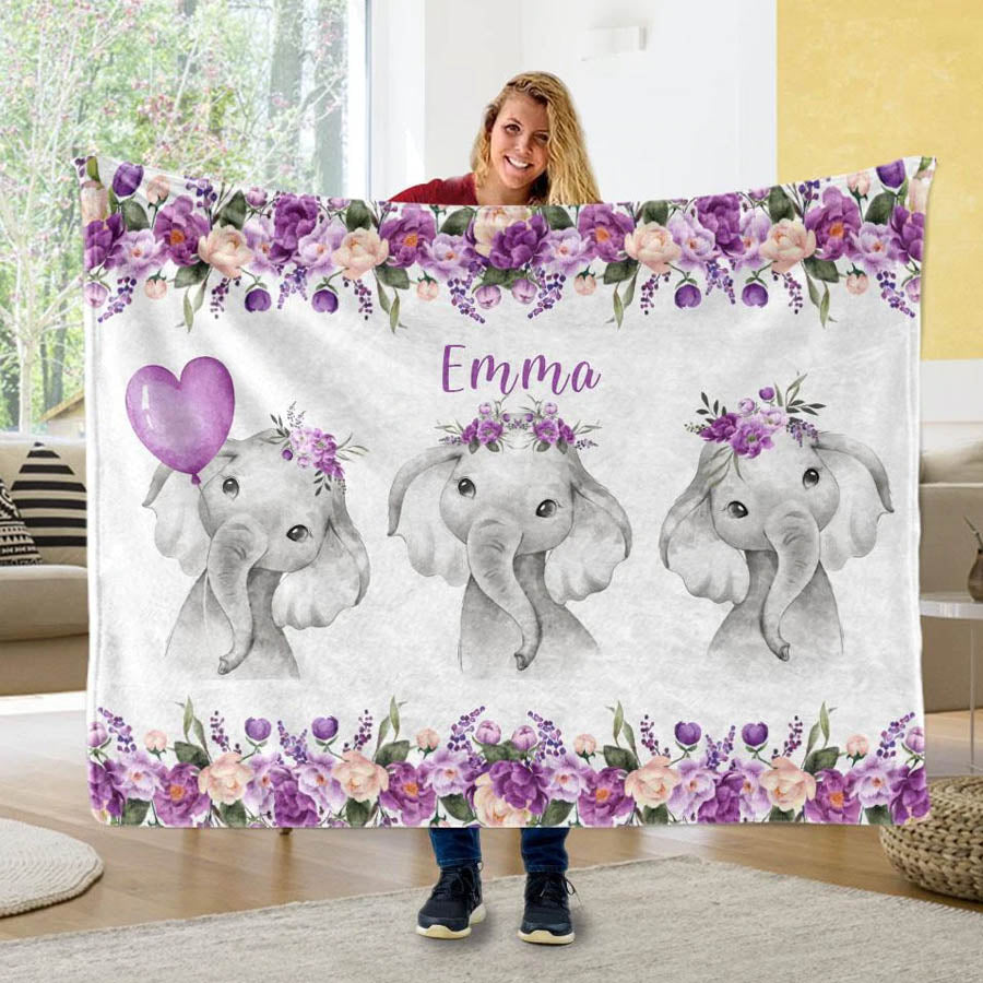 Customized Floral elephant Baby Name Fleece Blankets, Kids Elephant Throw Blanket