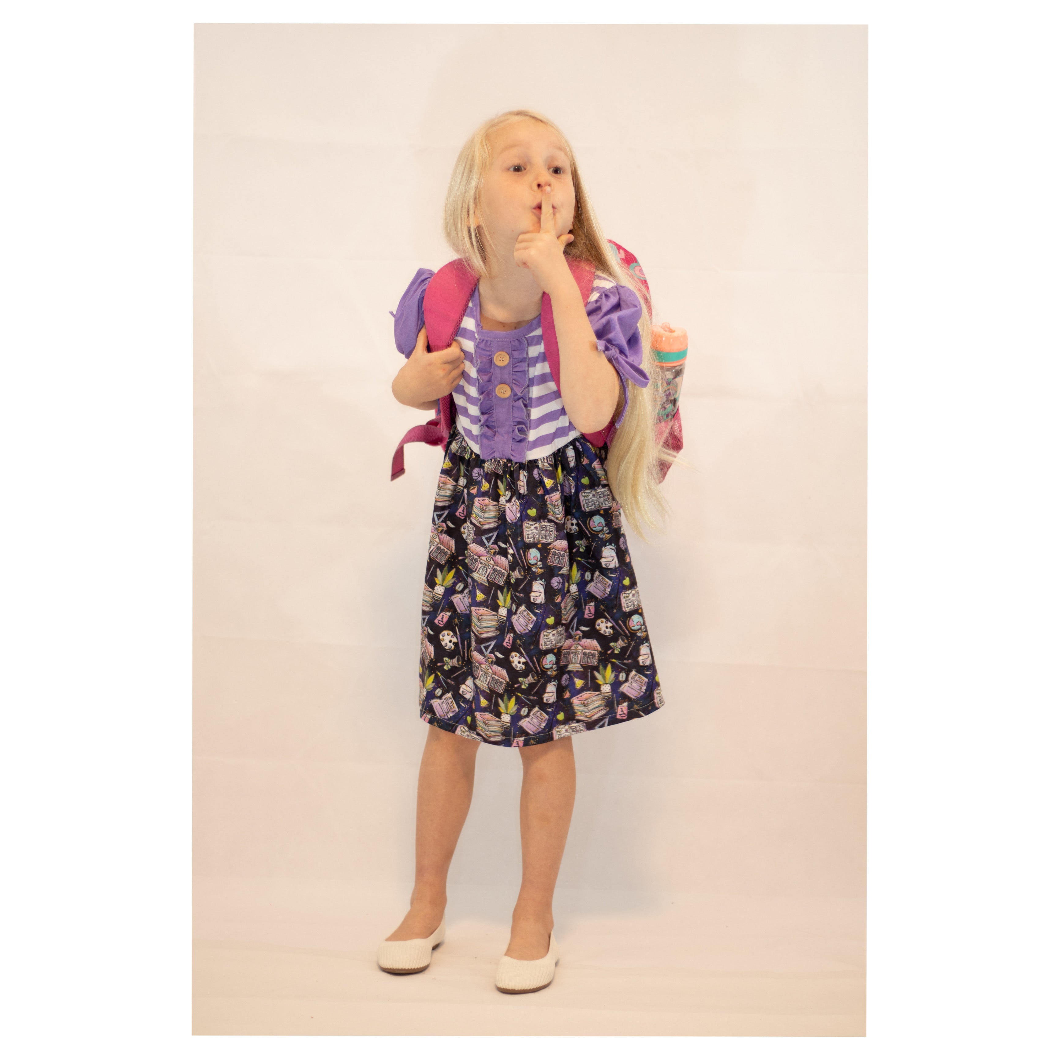 Toddler Girls Back To School Lavender Stripes Dress - Purple/Black - Angeline Kids