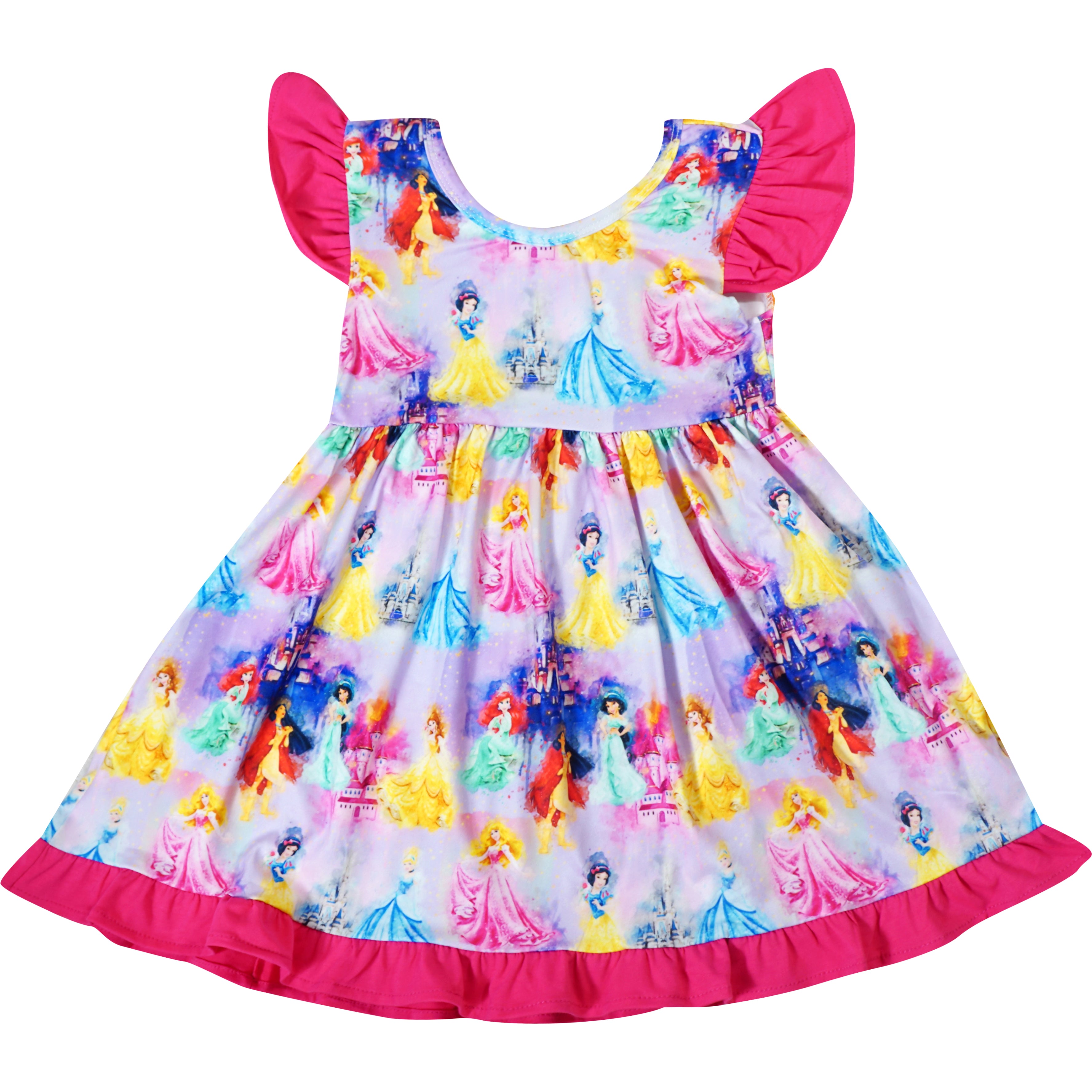 Toddler Girls Disney Inspired Princess Cinderella Snow White Belle Ruffle Bows Dress - Fuchsia - Angeline Kids