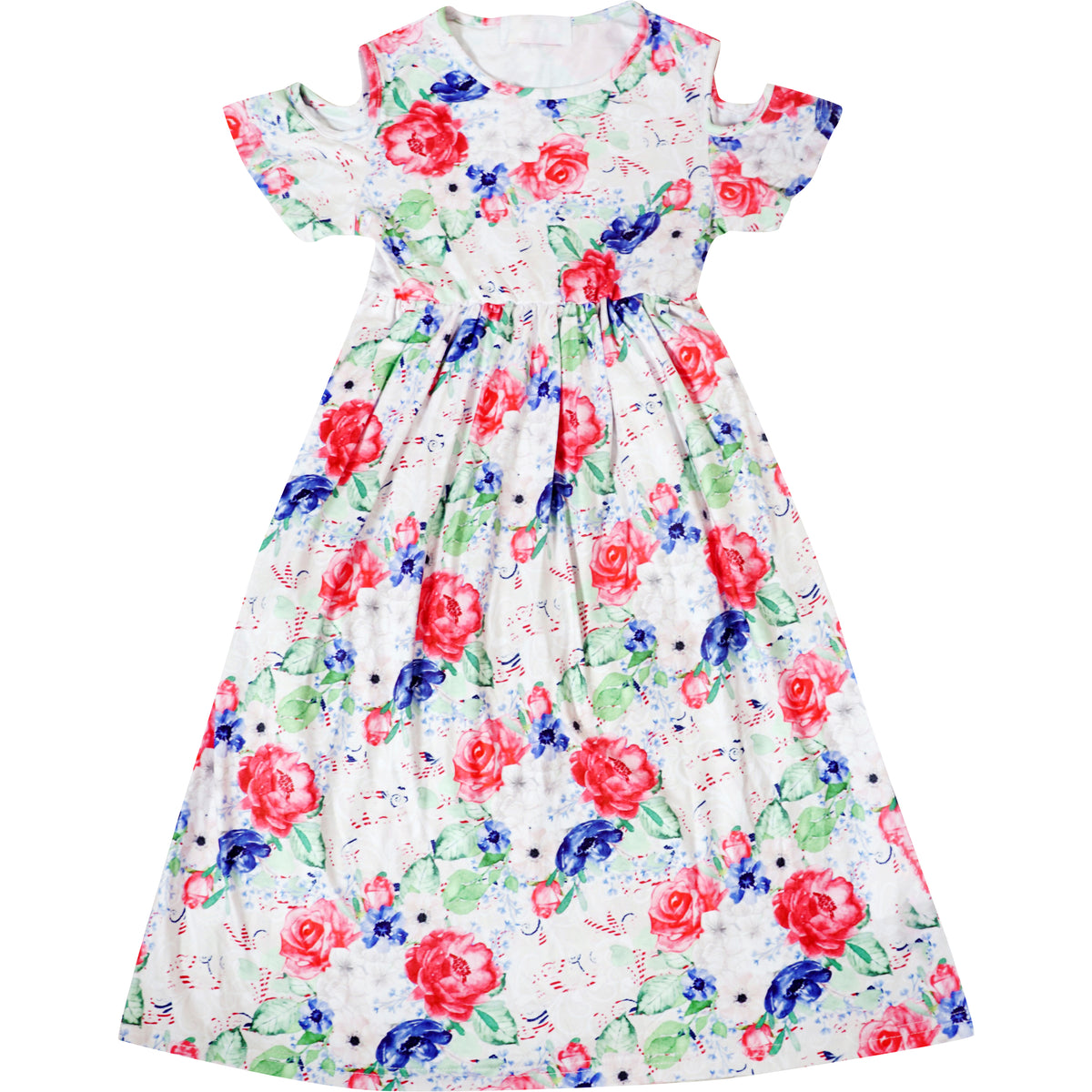 Girls 4th of July Independence Day Cold Shoulder Floral Maxi Dress Red White Blue - Angeline Kids