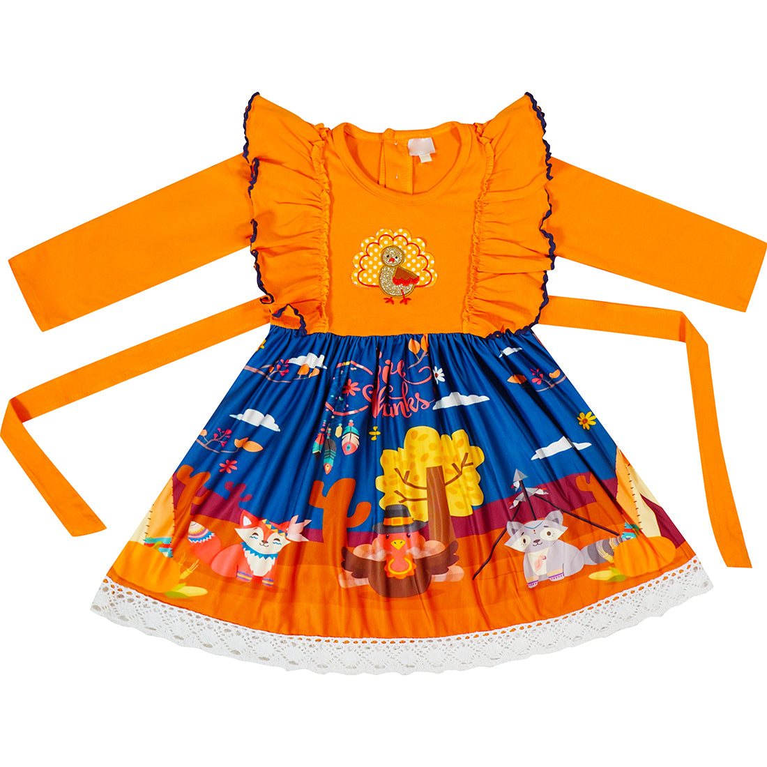 Baby Toddler Little Girls Thanksgiving Turkey Tie Back Dress With Headband ( Free Bloomers for baby sizes ) - Angeline Kids