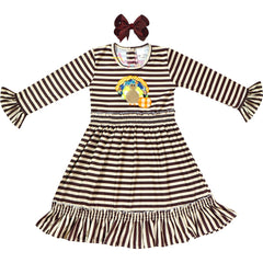 Baby Toddler Little Girl Thanksgiving Turkey Brown Stripes Dress w Hair Bow