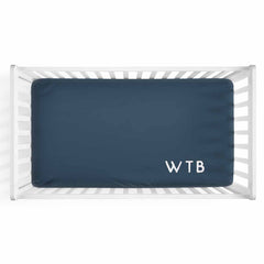 Personalized Baby Name Dark Navy Color Jersey Knit Crib Sheet in Corner Initials Style