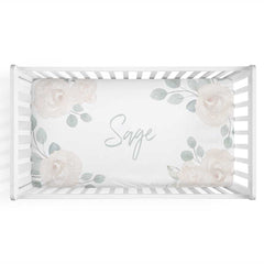 Eleanor's Sage & Ivory Floral Personalized Crib Sheet | Baby Girl Nursery Bedding