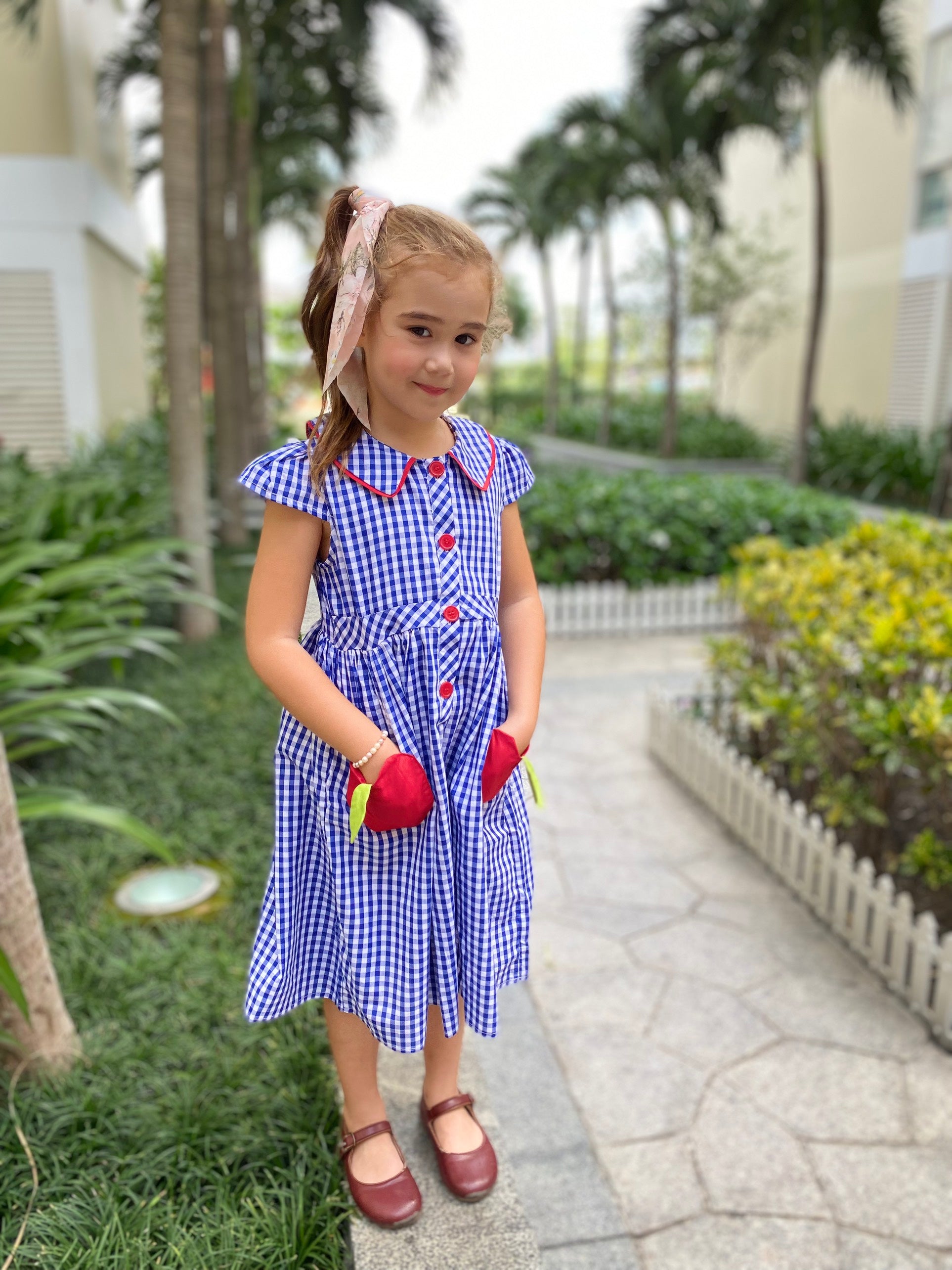 Toddler Girl Back To School Timeless Blue Gingham Apple Dress - Blue/White - Angeline Kids