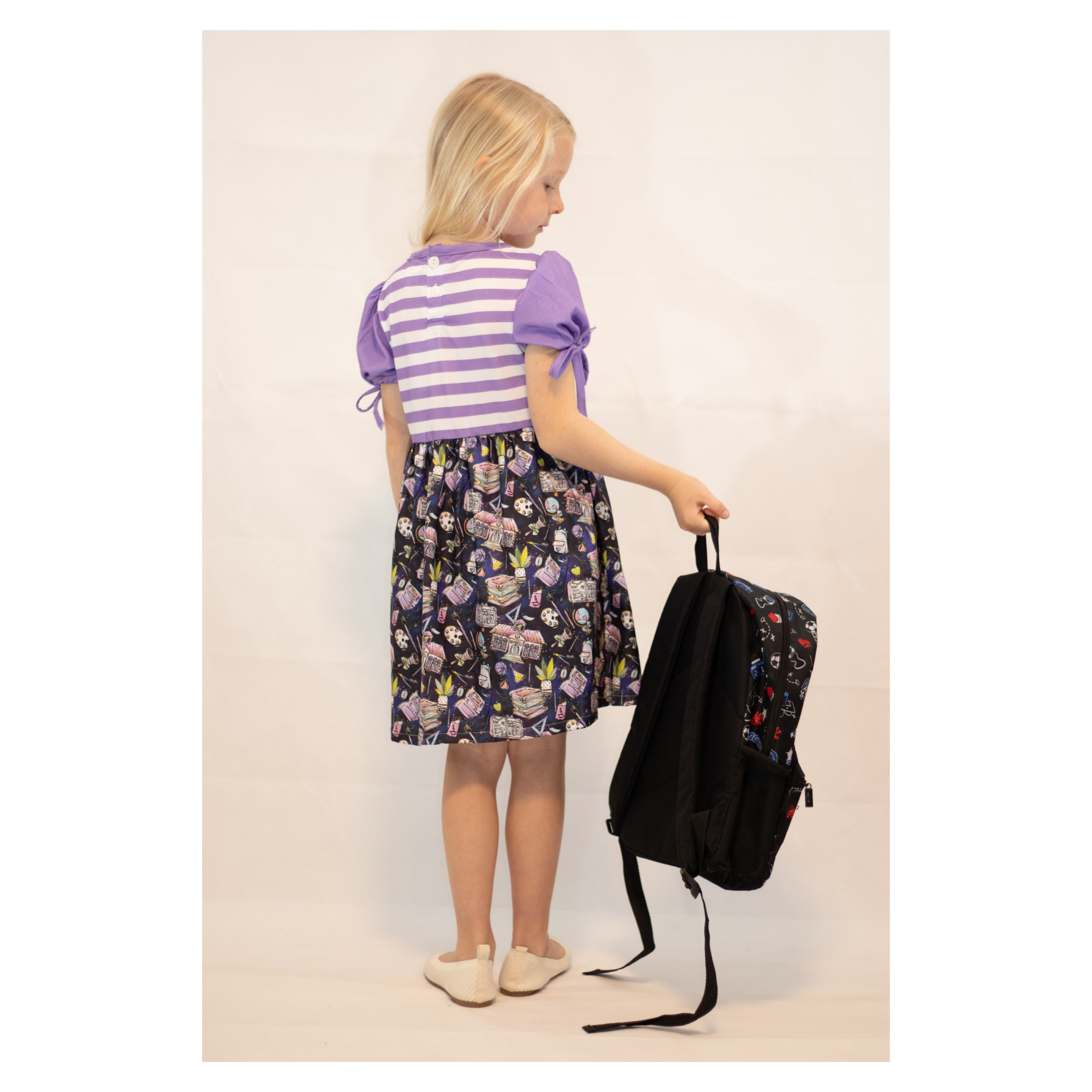 Toddler Girls Back To School Lavender Stripes Dress - Purple/Black - Angeline Kids