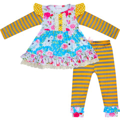 Baby Toddler Little Girls Fall Colors Floral Ruffle Top & Leggings Clothing Set - Mustard/Gray - Angeline Kids