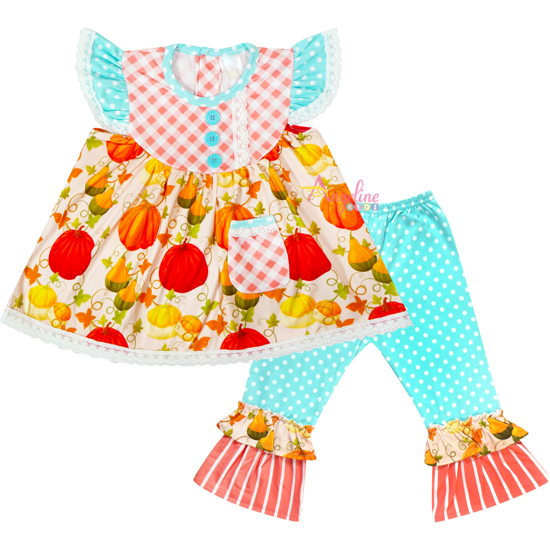Baby Toddler Little Girl Pumpkin Patch Pocket Tunic & Polka Dot Pants Outfit Set - Aqua/Coral - Angeline Kids