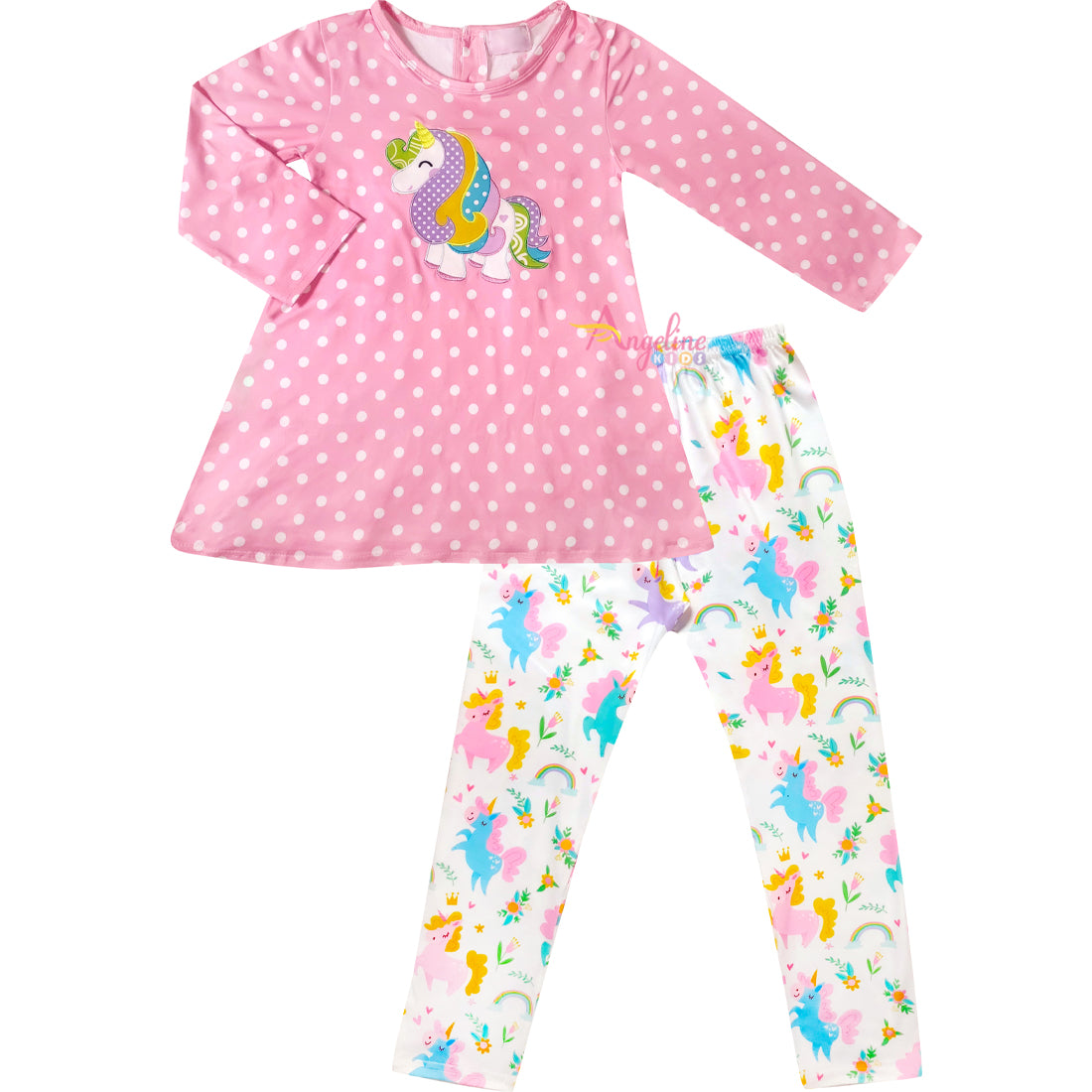 Baby Toddler Little Girls Unicorn Polka Dot Tunic Pants Set - Pink - Angeline Kids