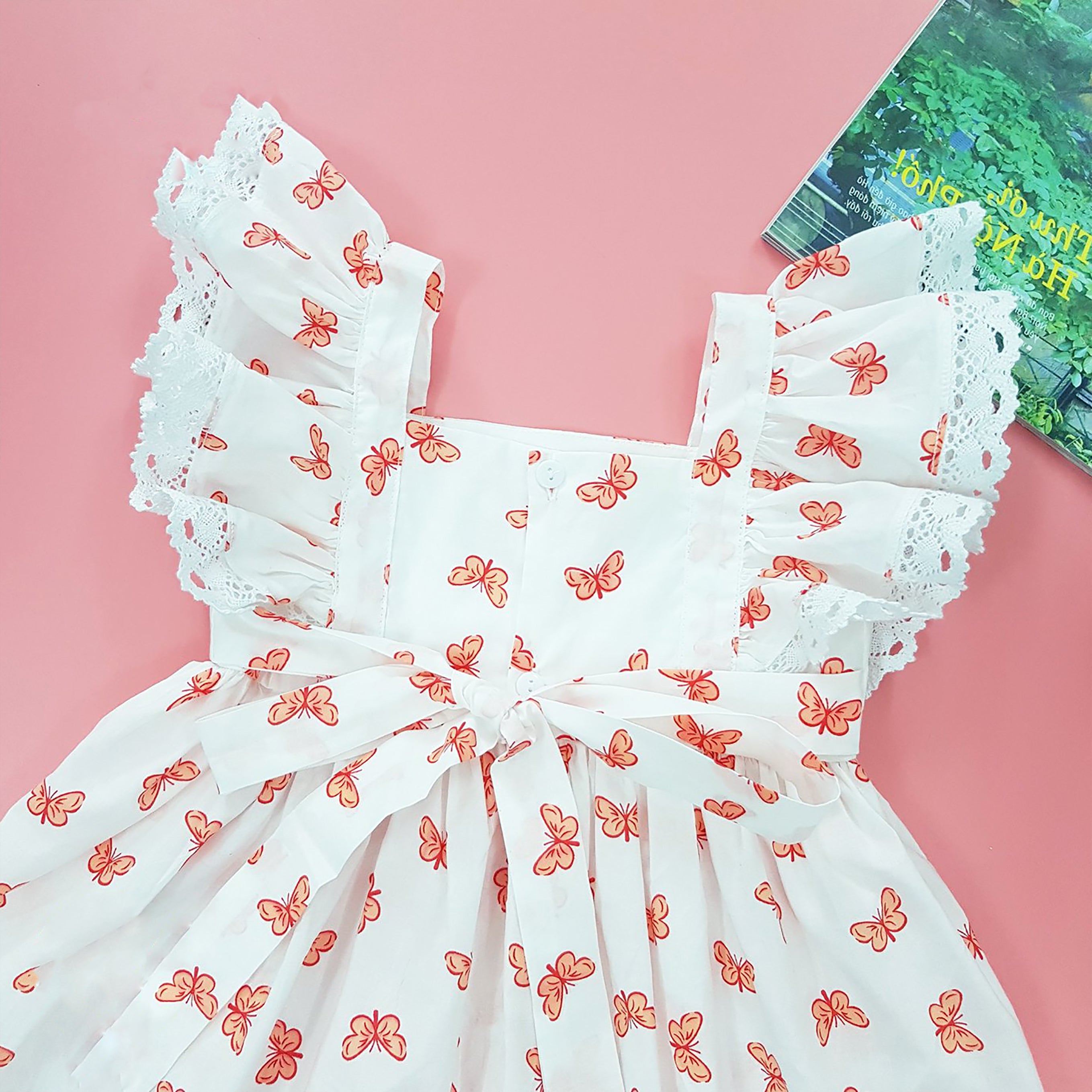 Baby Toddler Little Girls Spring Summer Flutter Sleeves Ruffle Lace Cotton Woven Dress - White Butterfly - Angeline Kids