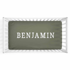 Personalized Baby Name Olive Green Color Jersey Knit Crib Sheet in Block Print Style