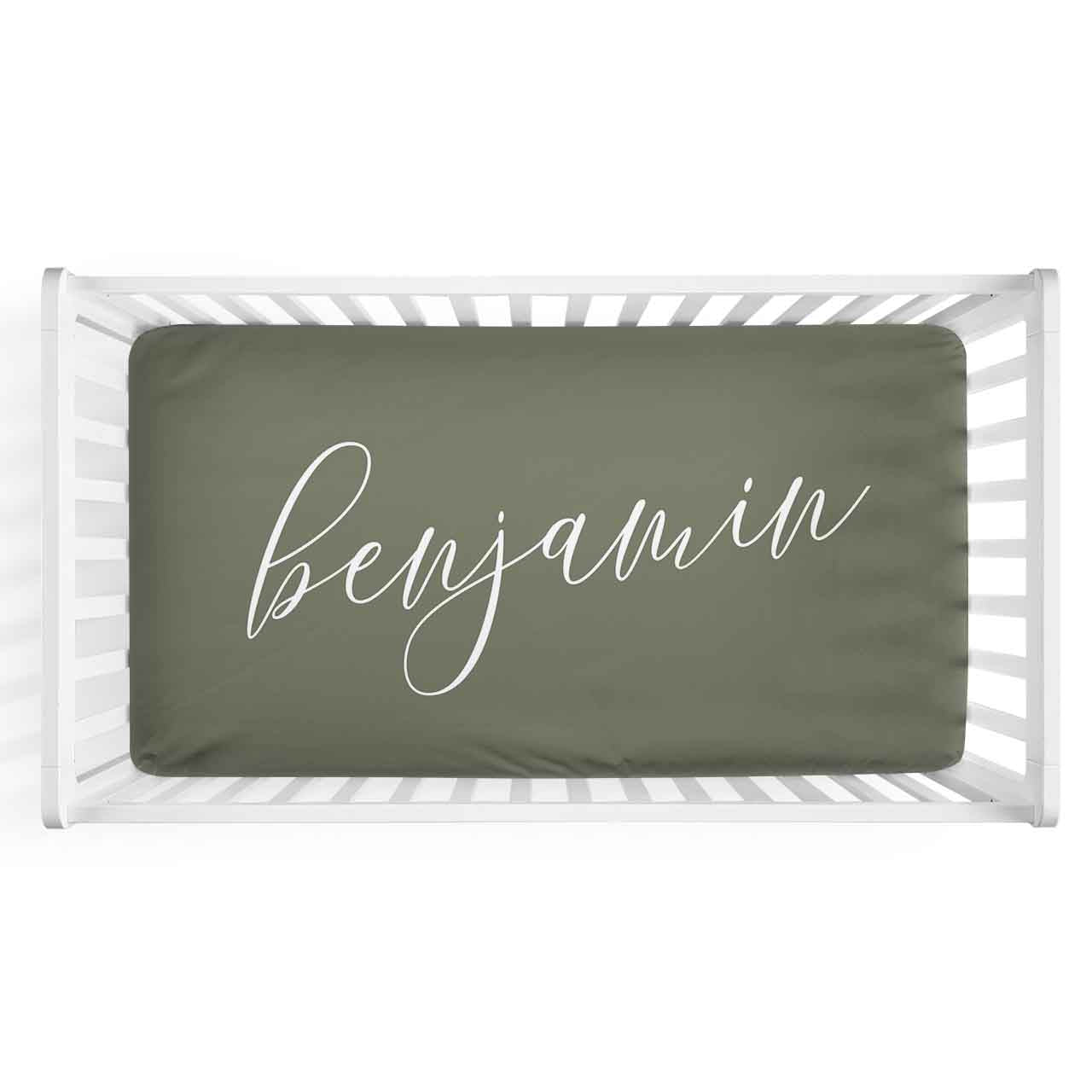 Personalized Baby Name Olive Green Color Jersey Knit Crib Sheet in Centered Script Style